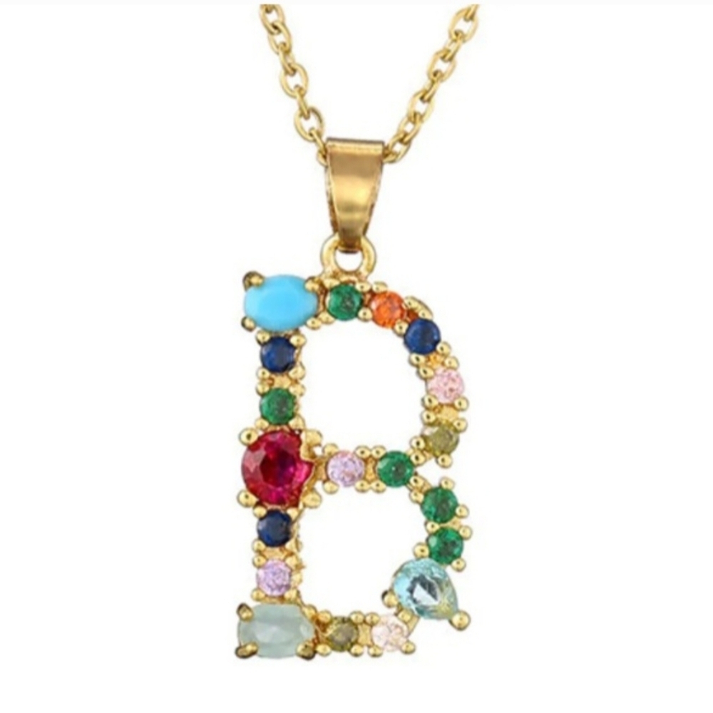 B Initial Pendant Necklace Multi-color Gold Tone Chain